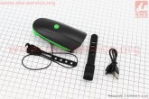 Фонарь передний 1 диод + звонок 2 мелодии, Li-ion 3.7V 1200mAh зарядка от USB, влагозащитный, черно-зеленый FY-058